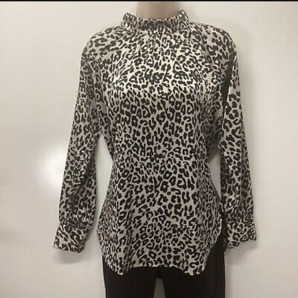 LOFT Animal Leopard Print High Neck Flowy Satin Blouse Women’s XS